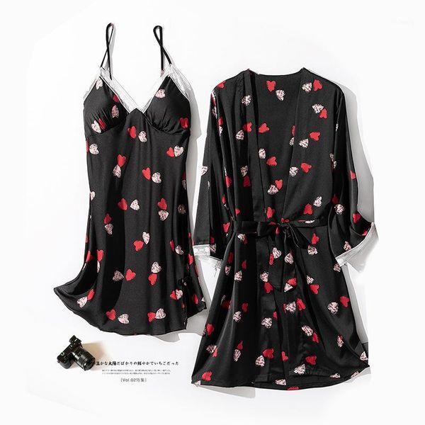 

short kimono bath gown summer new women nighty&robe set print 2pcs sleepwear casual v-neck nightwear silky satin nightdress1, Black;red