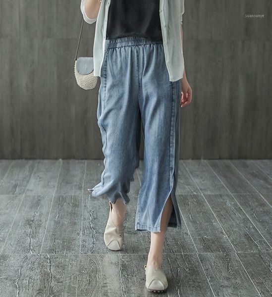 

2020 summer jeans women elastic waist loose the fork denim pants new casual female retro all-match trousers1, Blue