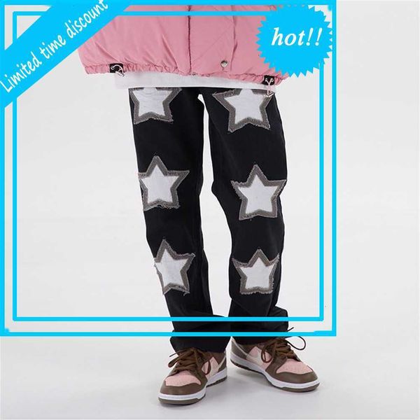 

embroidery frayed jeans men and women streetwear washed retro denim trousers hip hop casual baggy pants, Black