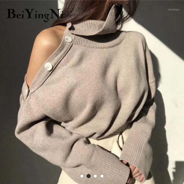 

beiyingni women turtleneck sweater knit off shoulder buttons plus size loose sweaters female pullovers ladies korean sexy1, White;black