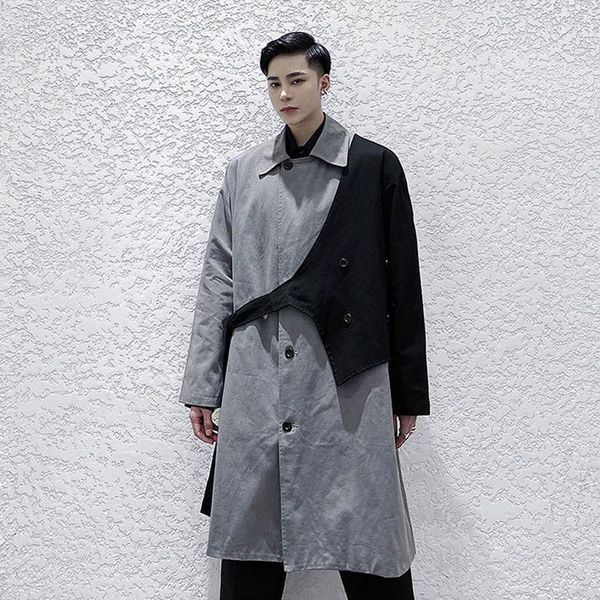 

men's trench coats male japan korea streetwear vintage jacket men gray splice black vest belt loose casual long coat cardigan outerwear, Tan;black