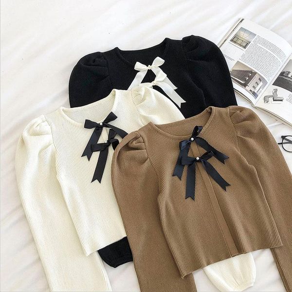 

japanese vintage bowknot o-neck knit sweater women autumn korean french puff sleeve elegant slim short sweater girl black 1, White;black