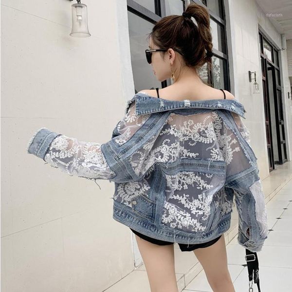 

2020 new fashion lace stitching perspective loose denim jacket long sleeve large size ladies denim coat1, Black;brown