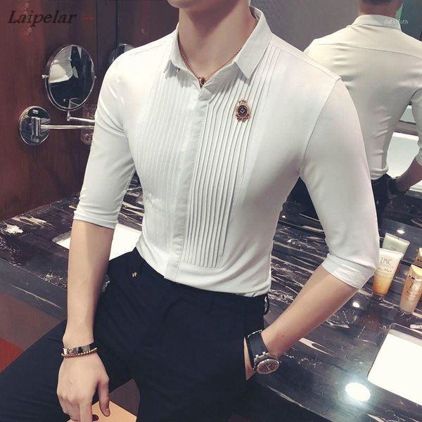 

new summer autumn fashion brand men's clothing slim fit men's 7 points sleeves nightclubs bar overalls shirt casual shirt1, White;black