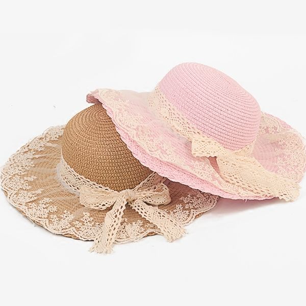 

lace summer sun hats for women new fashion sombreros wide brim beach side cap floppy female straw hat for girls kids y200602, Blue;gray