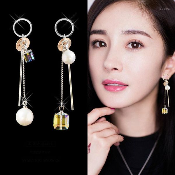 

stud 2021 korean version of the fashion simple small fresh girl temperament asymmetric crystal pearl long earrings jewelry1, Golden;silver
