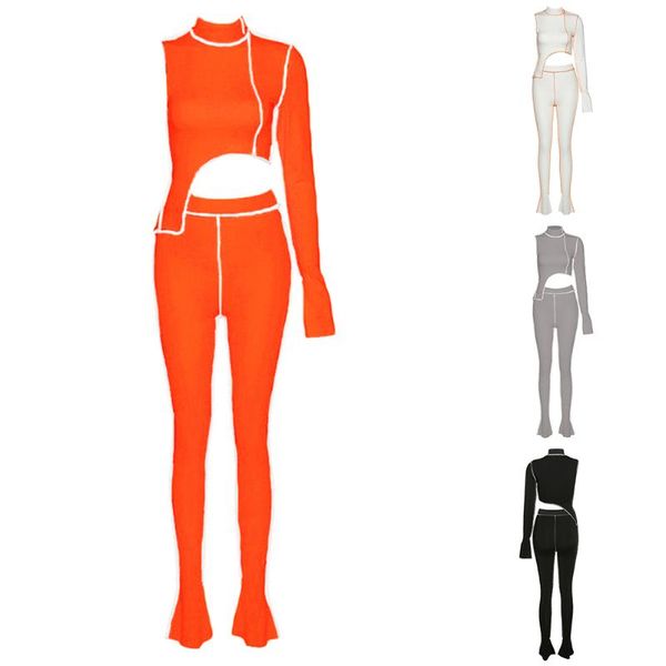 

one-shoulder women's 2-piece full-sleeve asymmetric sports tights striped tight streetwear, Gray