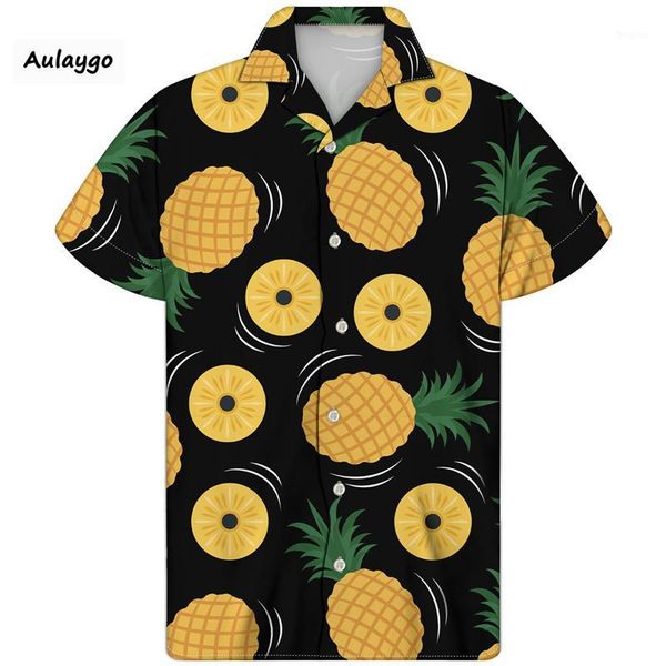 

guayabera camisa hombre pineapple print men summer shirts for big and tall short sleeves thin breathable cloth hawaii style1, White;black