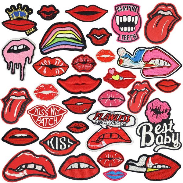 

small iron on patches for clothing red mouth lip shape embroidery sew on clothes patch for women kids t-shirt backpacks repasser, Black