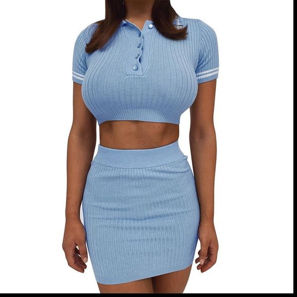 

2pcs/sets short sleeve casual bodycon outfits button crop knitting ribbed fashion women skirt, Gray