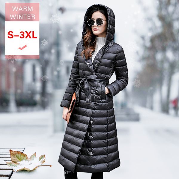 

new winter women fashion long white duck down jacket female warm slim portable lightweight coat ultra light jacket with hooded lj201127, Black