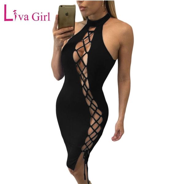 

liva girl women bodycon dress night club wear hollow out summer backless black red sleeveless bandage party dresses y200418, Black;pink