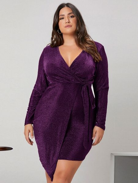 

plus surplice neck wrap knot glitter dress n9p9#, Black