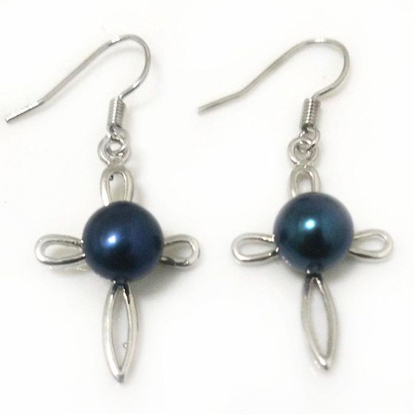 

hoop & huggie 8-9mm natural lavender button pearl cross style hook earring, Golden;silver