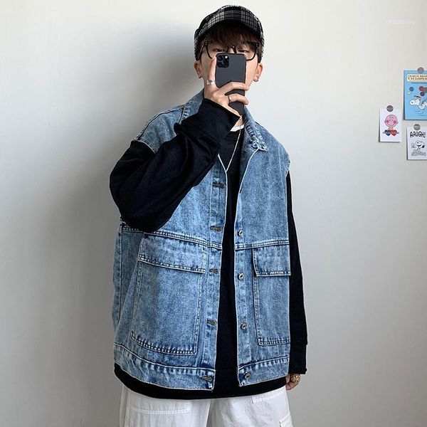 

2020 new men's denim vest fashion casual classic style streetwear loose fit vest sleeveles jeans jacket coat male clothing1, Black;white