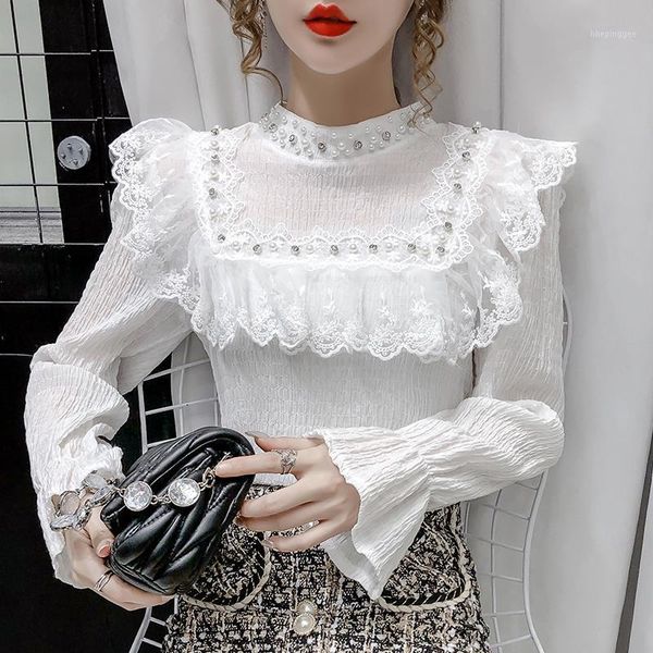 

women's blouses & shirts 2021 autumn winter women solid lace chiffon blouse female fashion office causal elegant korean style long slee, White