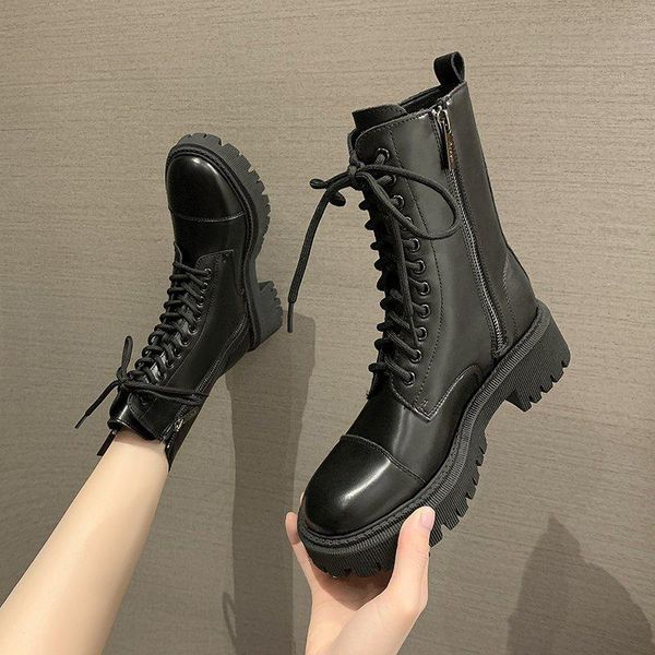 

lace up shoes black boots booties ladies luxury designer round toe flat heel boots-women ankle med lolita fashion rock 2020