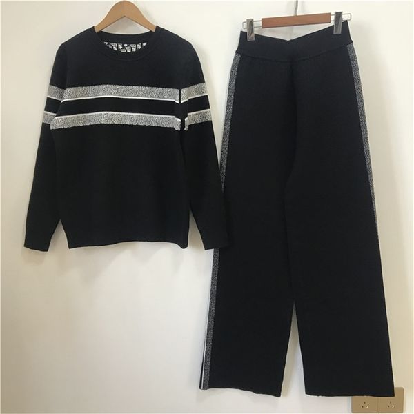 

family autumn and winter new fashion double-sided round neck long sleeve old flower stripe suit pants sweater, White
