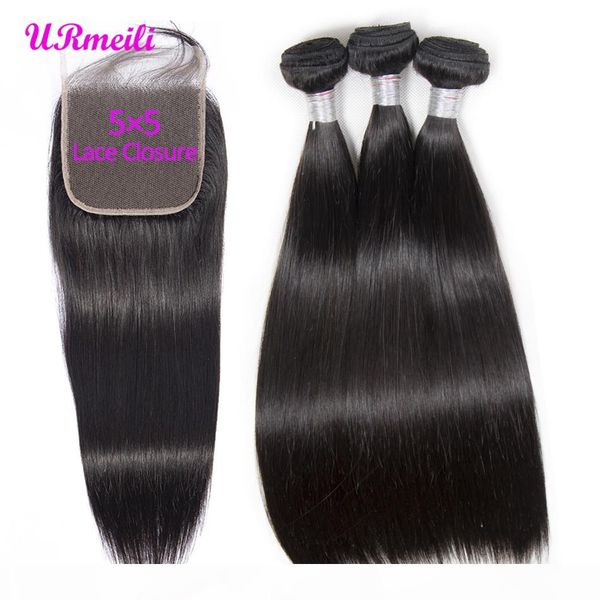 

brazilian 5x5 lace closure with bundles straight virgin hair weave bundles with lace closure nice 100% unprocessed human hair full head, Black;brown