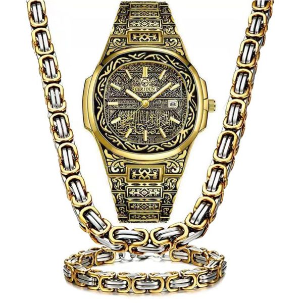 Armbanduhren 3 stücke Halskette + Uhr + Armband Hip Hop Luxus Edelstahl 8mm Imperial Kette Gold Uhren Männer Schmuck Vintage Uhr Set Reloj