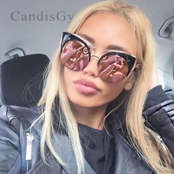 

sunglasses candisgy round oversized stylish female brand designer pink mirror cateye women party vintage lady sun glasses, White;black