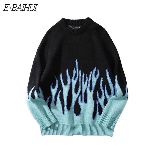 

men's sweaters sweater men streetwear retro flame pattern hip hop autumn pull over spandex o-neck oversize couple casual, White;black