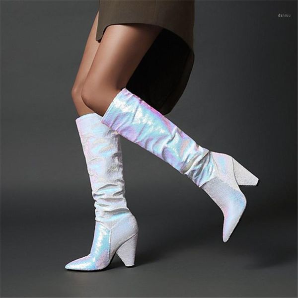 

boots pxelena novelty bling sequined knee high women spike heel party nightclub autumn shoes gold silver large size1, Black