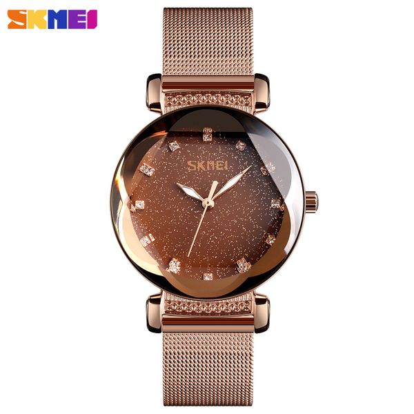 

fashion women quart watch luxury starry dial womens watches ladies dress wristwatch waterproof bracelet clock brand skmei, Slivery;brown