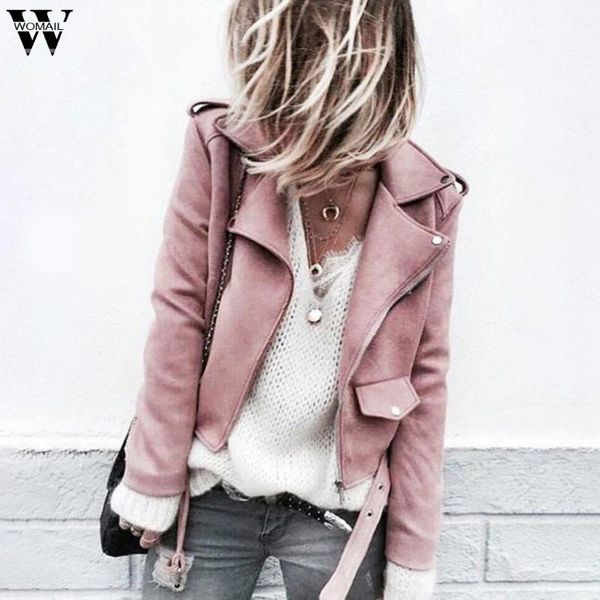 

womail plus size women's motorcycle jacket solid casual faux suede zippers coat pockets large size cool jacket abrigo de mujer, Black;brown