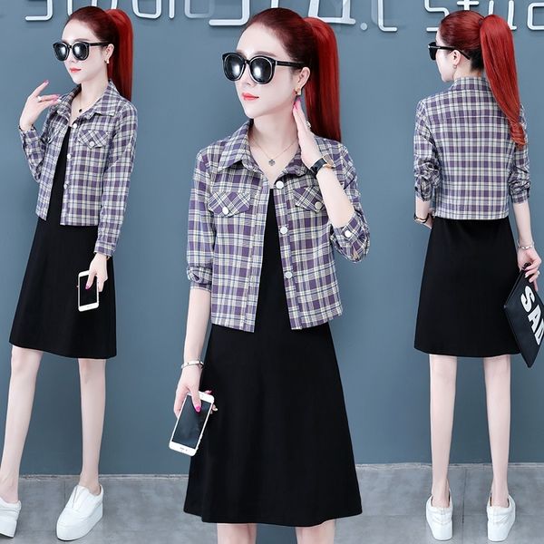 

pwgyn new fashion suit coat style 2020 autumn vest skirt vest plaid lapel women's medium length coat skirt two piece set tg5wl, Gray
