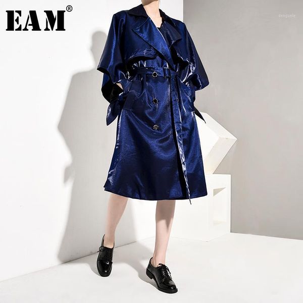 

eam] women dark blue bandage big size trench new lapel long sleeve loose fit windbreaker fashion tide spring autumn 2020 jh33401, Tan;black