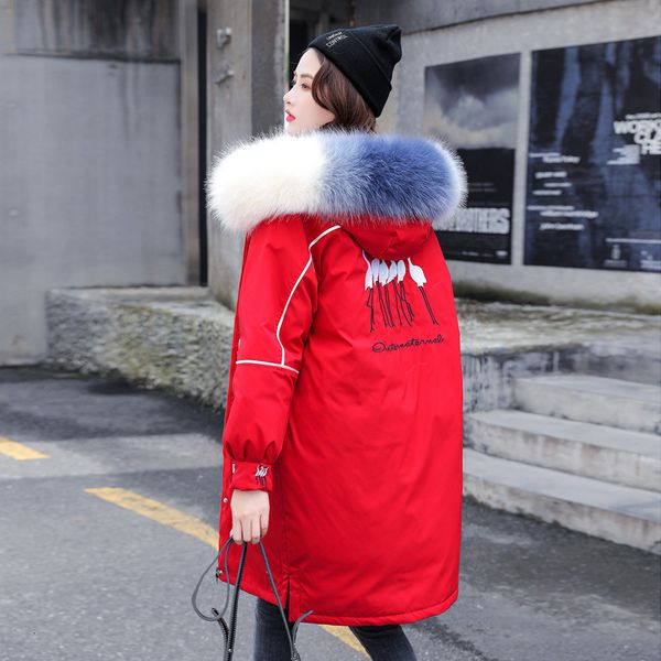 

korean version 2020 winter new light down women's middle long big hair collar embroidery thickened cotton jacket women, Black