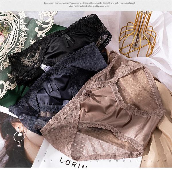 

women's panties 2021 silk lace women underwear low waist transparent hollow out cotton briefs breathable ladies gifts, Black;pink