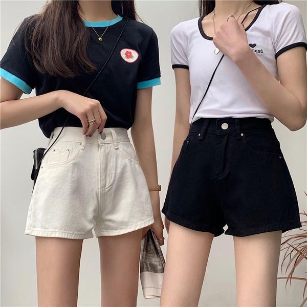 

women's shorts high waist denim femme wide leg elastic solid vintage jeans loose women 2021 summer, White;black