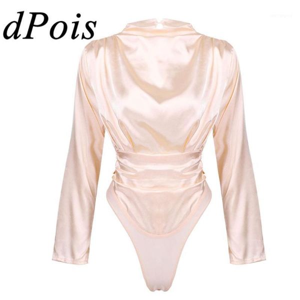 

womens elegant one-piece silky satin high neck long sleeves bodysuit jumpsuit leotard casual blouses 2020 female bodysuit1, Black;white