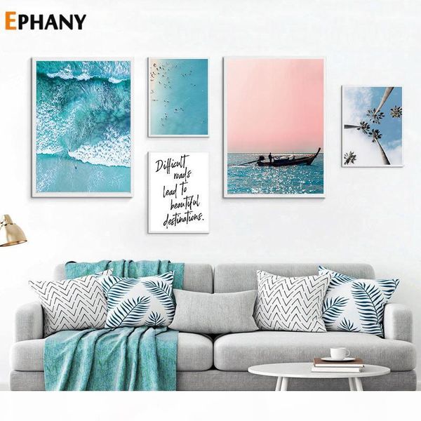 

nature ocean landscape canvas poster nordic decoration beach boat wall art print painting positive life quote picture home decor