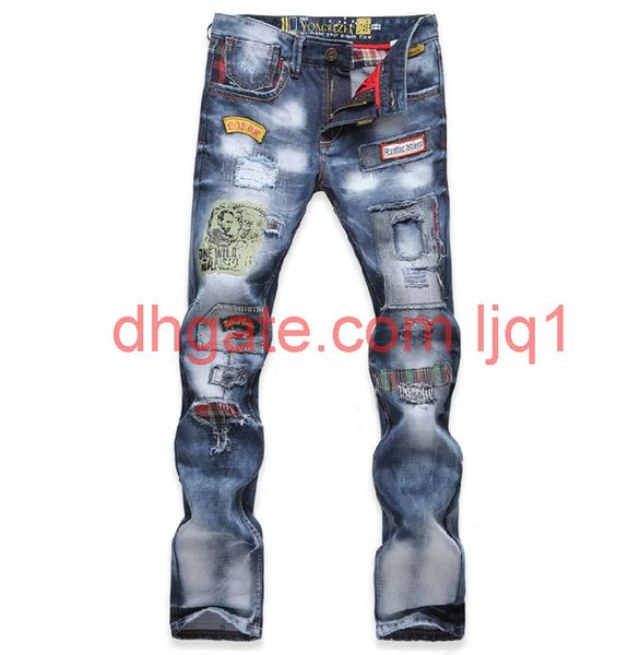 

mens streetwear washed jeans ripped holes design denim long pants applique hip hop biker jeans hommes long trousers, Blue