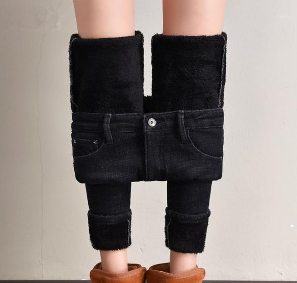 

2019 new winter black stretch jeans women plus velvet thick high waist with velvet warm pants plus size1, Blue