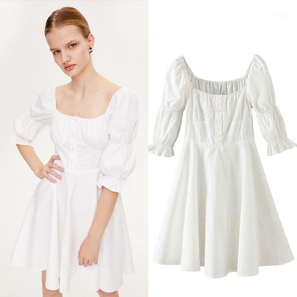

party dresses 2021 elegant a line mini dress women fashion puff sleeve buttons solid cotton ladies square collar chic white dresses1, White;black