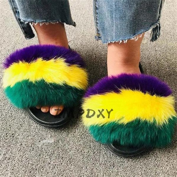

kids/children's raccoon fur slides ladies furry real fox fur slippers female fluffy open toe sandals woman plush beach flip flop #zb7g, Black