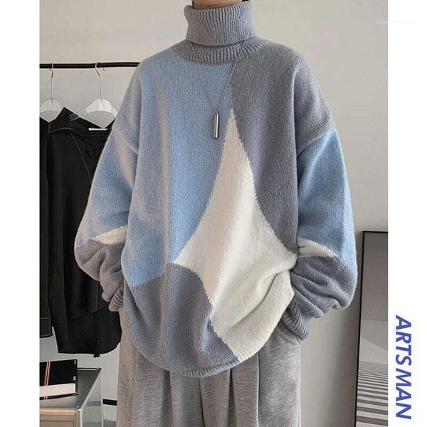 

men's sweaters high collar sweater men's autumn and winter color matching thickened loose1, White;black