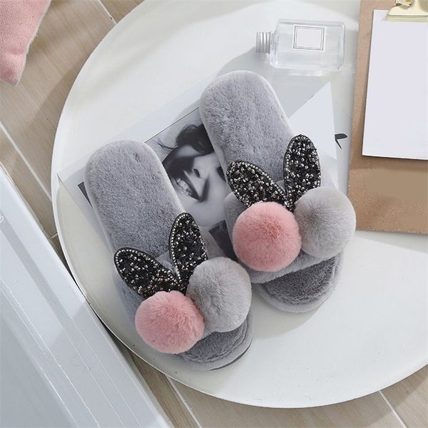 

women winter fashion plush ball home slipper ladies warm short furry women's comfort fur rabbit woman soft bottom female shoes y200706, Black