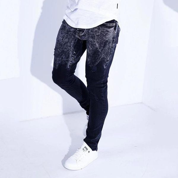 

men's new stylish slim jeans ripped print casual simple young black blue trousers1