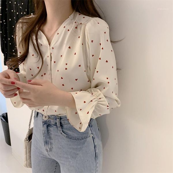 

2021 female korean harajuku cute chic vintage loose love shirt women's shirts ulzzang japanese kawaii vintage clothes for women1, White