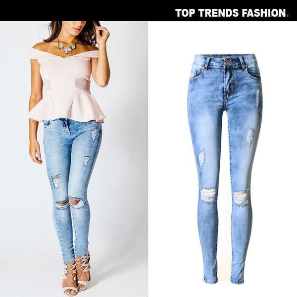 

women asymmetric broken hole ripped jeans elastic slim demin pants 27381, Blue