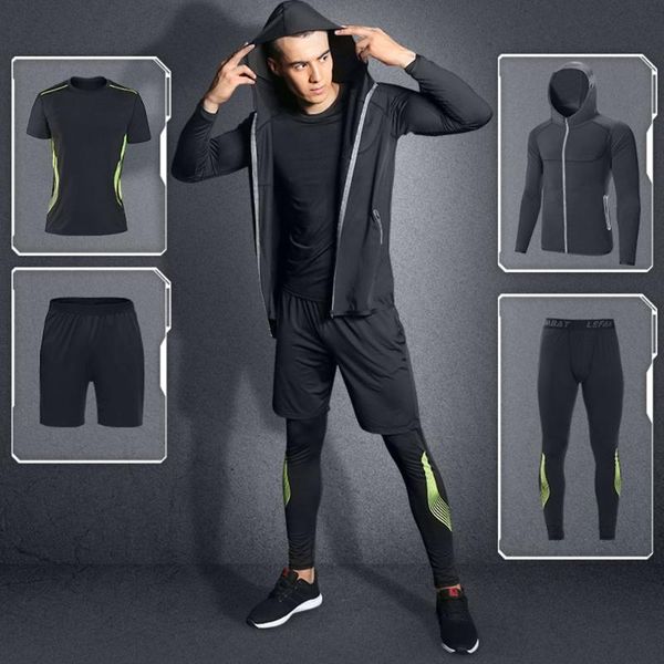 

men sport set compression t-shirt+pants+hooded coat skin-tight long sleeves fitness professional training clothes gym yoga suits, White;red