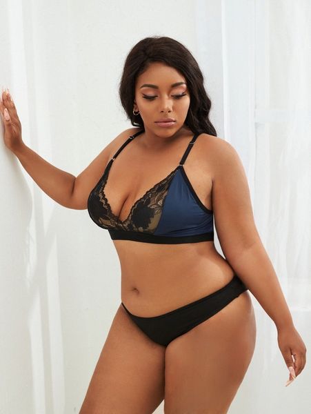 

plus contrast lace bra v0et#, Black;white