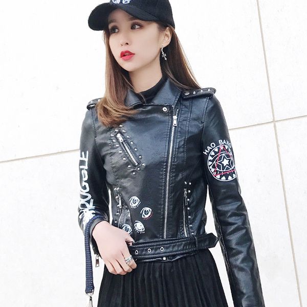 

2021 new autumn women female rivets print short women's biker coat faux leather jacket punk outwear ugbw, Black