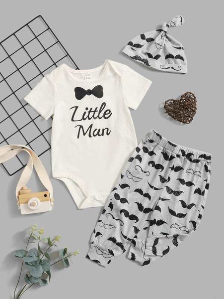 

baby heart & letter graphic bodysuit & mustache print pants & hat she, White