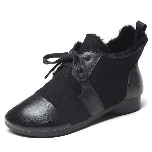 

boots yourseason ladies warm genuine leather lace up handmade concise flat with casual platform winter 2021 shoes women, Black